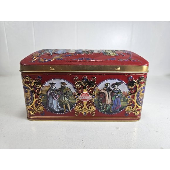 Vintage Nurnberg Lebkuchen SCHUHMANN Musical Tin Chest Medieval Embossed Design - Picture 1 of 7